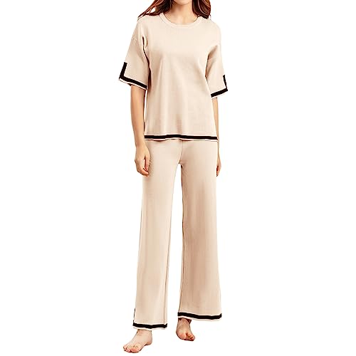 GETERUUV Damen Zweiteiler Loungewear Elegant Strick Homewear Set Elastisch Taillierte Hose und Kurzarm Pullover Top Lounge Outfits von GETERUUV