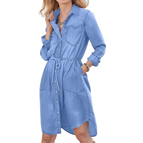 GETERUUV Jeanskleid Damen Knielang V-Ausschnitt Babydoll Denim Shirtkleid Causal Langarm Knopf Swing Hemdkleid Tunikakleider von GETERUUV