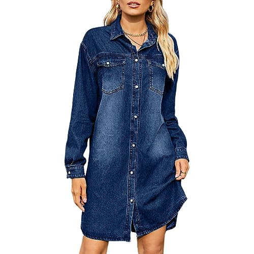 GETERUUV Jeanskleid Damen Knielang V-Ausschnitt Babydoll Denim Shirtkleid Causal Langarm Knopf Swing Hemdkleid Tunikakleider von GETERUUV