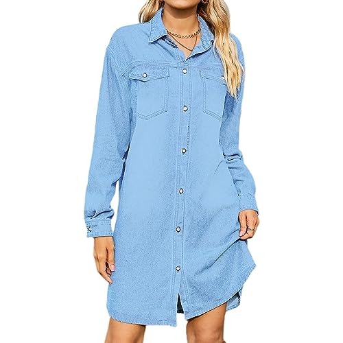 GETERUUV Jeanskleid Damen Knielang V-Ausschnitt Babydoll Denim Shirtkleid Causal Langarm Knopf Swing Hemdkleid Tunikakleider von GETERUUV