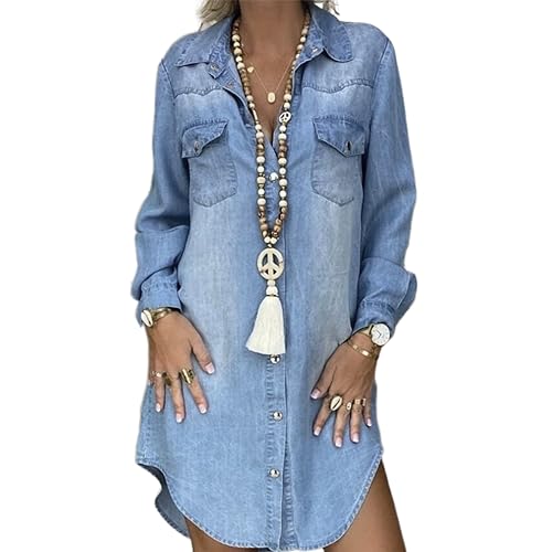 GETERUUV Jeanskleid Damen Knielang V-Ausschnitt Babydoll Denim Shirtkleid Causal Langarm Knopf Swing Hemdkleid Tunikakleider von GETERUUV