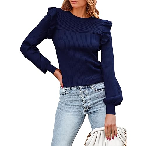 GETERUUV Pullover Damen Strickpullover Langarm Winter Rundhals Rüschen Pullover Einfarbigef Gerippt Strickpullover von GETERUUV