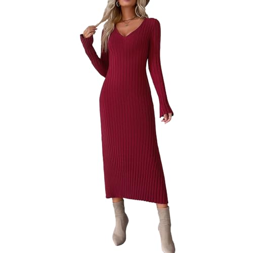 GETERUUV Strickkleid Damen Lang V-Ausschnitt Geripptes Pulloverkleid Langarm Sweater Tunika Einfarbig Herbst Winterkleid von GETERUUV