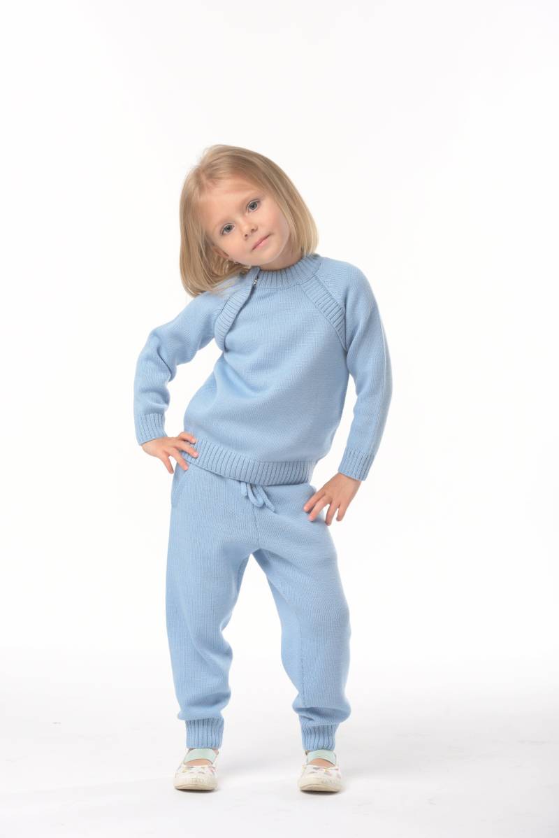 Blaue Merino Wolle Pullover Mit Hose Weitbeinhose Joggers Gestrickte Baby Kleidung Vision Strasse Langarm von GETMATCHIT