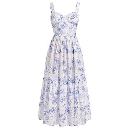 GETMINT Damen Blumen Korsett Kleid Spaghettiträger Bustier Midi Kleid Low Cut Flowy Plissee Saum A-Linie Sommerkleid, blau, Small von GETMINT