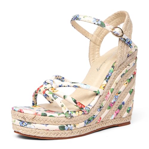 getmorebeauty Damen Espadrille Keilsandalen Blumenmuster Knöchelriemen Offene Zehe Plateau High Heel Sandalen Kleid Schuhe, Beige, 38.5 EU von GETMOREBEAUTY
