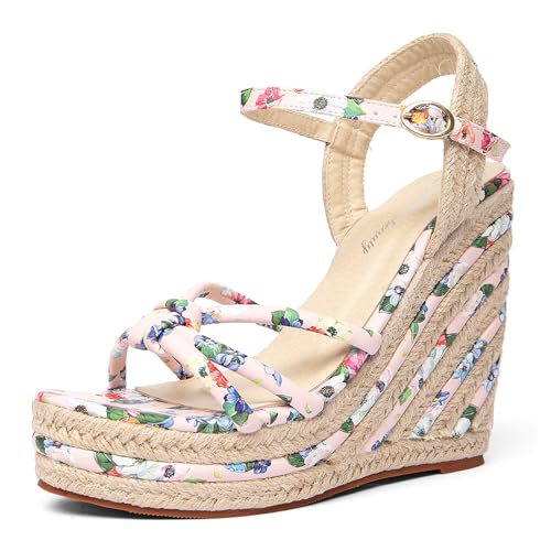 getmorebeauty Damen Espadrille Keilsandalen Blumenmuster Knöchelriemen Offene Zehe Plateau High Heel Sandalen Kleid Schuhe, Pink, 39 EU von GETMOREBEAUTY