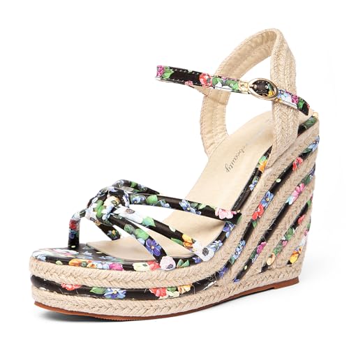 getmorebeauty Damen Espadrille Keilsandalen Blumenmuster Knöchelriemen Offene Zehe Plateau High Heel Sandalen Kleid Schuhe, Schwarz, 36 EU von GETMOREBEAUTY