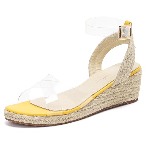 getmorebeauty Damen Espadrilles Keilsandalen Crisscross Elastic Open Toe Schnalle Knöchelriemen High Heels Plateau Elegante Schuhe, Transparent, 6 3X-Narrow von GETMOREBEAUTY