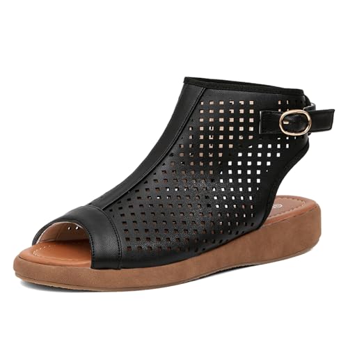 getmorebeauty Damen Plateau Sandalen Sling Wedge Sandalen Hollow Out Low Heel Open Toe Stiefeletten Cutout Schuhe Slingback Sandalen, Schwarz, 41 EU von GETMOREBEAUTY