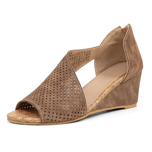 getmorebeauty Damen-Sandalen mit seitlichem Ausschnitt, Keilabsatz, Reißverschluss, offener Zehenbereich, atmungsaktiv, hohl, mittelhoher Absatz, Sommerschuhe, CAMEL, 36 EU von GETMOREBEAUTY