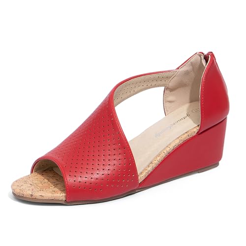 getmorebeauty Damen-Sandalen mit seitlichem Ausschnitt, Keilabsatz, Reißverschluss, offener Zehenbereich, atmungsaktiv, hohl, mittelhoher Absatz, Sommerschuhe, Rot/Ausflug, einfarbig (Getaway Solids von GETMOREBEAUTY