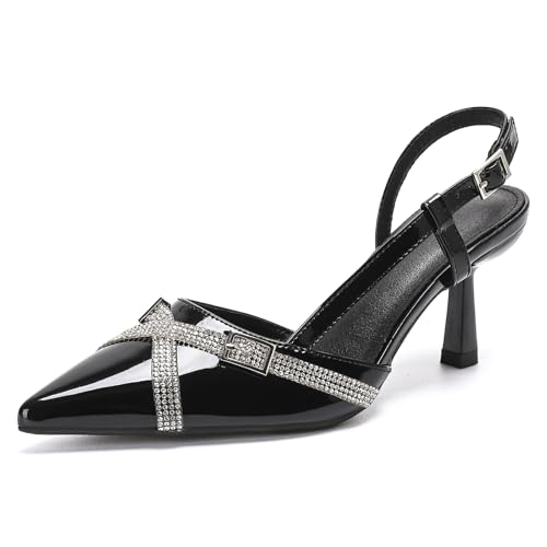 getmorebeauty Damen Slingback Kitten Heels Strass Pumps Schnalle Riemen Geschlossene Spitze Zehen Hochzeit Party Kleid Sandalen Schuhe Bequem, Schwarz, 39.5 EU von GETMOREBEAUTY