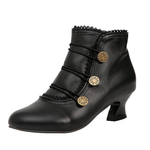 getmorebeauty Damen Stiefeletten Niedrige Absätze Spitze Knöpfe Runde Zehen Seitlicher Reißverschluss Vintage Kurze Stiefel Herbst Winter, 615, Schwarz, 37.5 EU von GETMOREBEAUTY