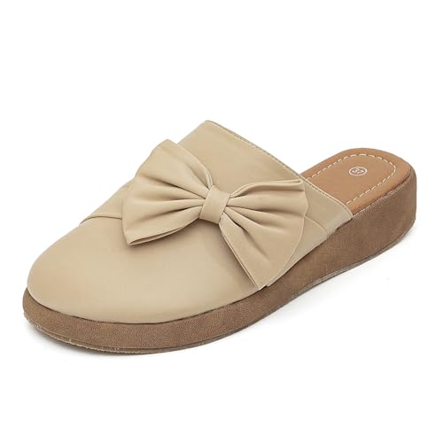 getmorebeauty Damen Süße Schleife Pantoletten Plateau Clogs Geschlossene Zehen Slip-on Keilsandalen Sandalen Sommerschuhe, Beige, 37.5 EU von GETMOREBEAUTY