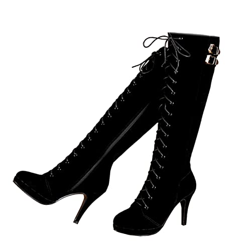 getmorebeauty Damen Wildleder Schnalle Rock Schnürschuh Reißverschluss Kniehohe Stiefel High Heel Stiefel, Schwarz, 41 EU von GETMOREBEAUTY