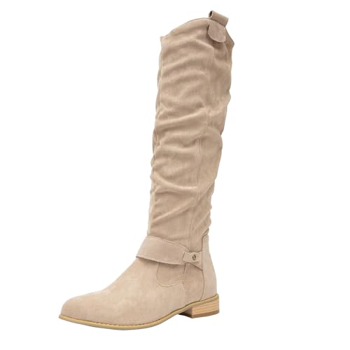 getmorebeauty Damen Winterstiefel Kniehohe Stiefel Flach Wildleder Seitlicher Reißverschluss Oberschenkelhohe Stiefel, Beige, 42 EU von GETMOREBEAUTY