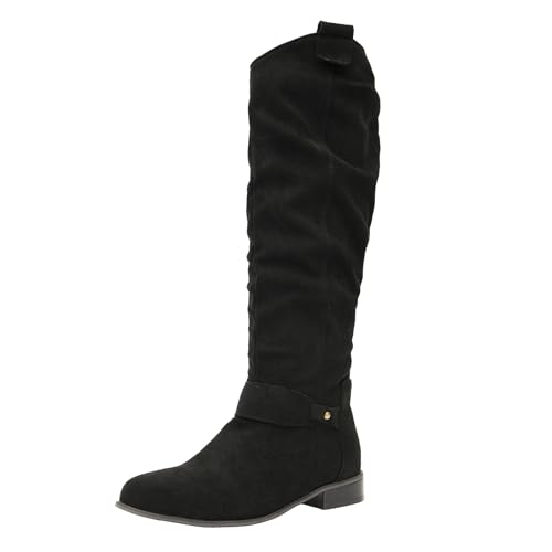 getmorebeauty Damen Winterstiefel Kniehohe Stiefel Flach Wildleder Seitlicher Reißverschluss Oberschenkelhohe Stiefel, Schwarz, 40.5 EU von GETMOREBEAUTY