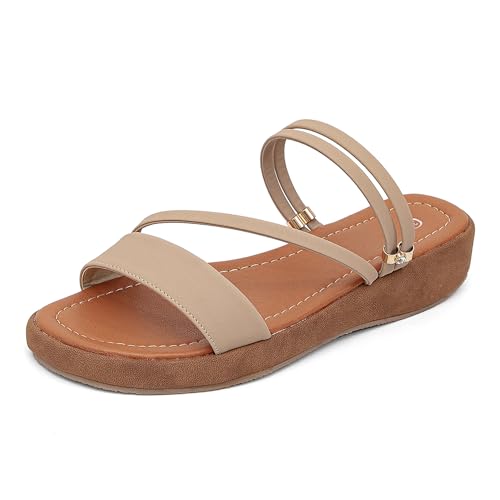 getmorebeauty Plateau-Sandalen für Damen, Keilabsatz, Slingback, niedrige Absätze, Schlupfsandalen für Damen, offener Zehenbereich, Strandschuhe, Beige, 39.5 EU von GETMOREBEAUTY