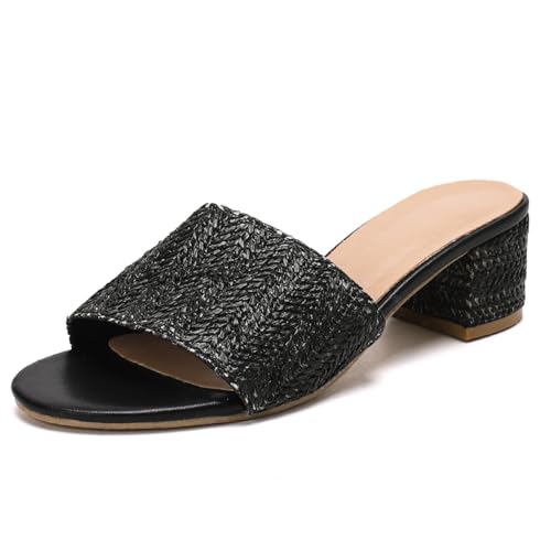 getmorebeauty Raffiabsatz-Sandalen für Damen, klobige Absätze, offene Zehen, Pantoletten, Sandalen, Sommerschuhe, Schwarz, 37.5 EU von GETMOREBEAUTY
