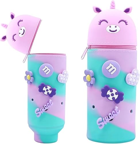 Federmäppchen mit Einhornmotiv 2 in 1 Weiche Silikontasche Cartoon Stand up Federmäppchen Teleskop Federmäppchen aus Weichem Siliko Federmäppche Geeignet für Mädchen zur Verwendung in der Schule von GEXINKEJI