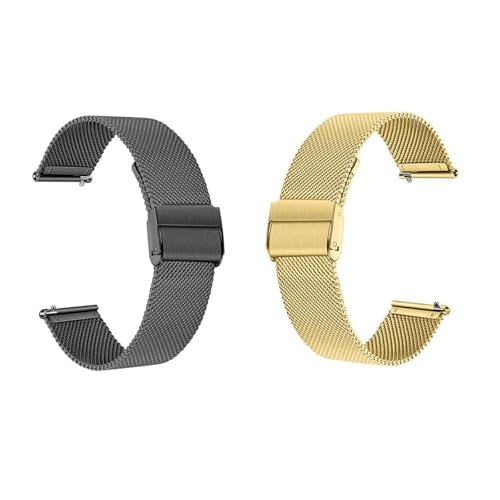 GEZHUCAO Smartwatch Armbänder 2er-Pack, 10-22 Mm Milanese Edelstahlgewebe Doppelverriegelungs Faltschließe Schnellverschluss für Männer Und Frauen(Black+Gold,22MM) von GEZHUCAO