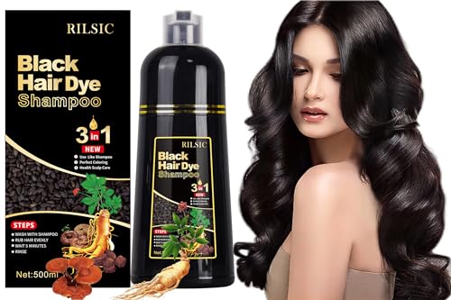 GFEUGS Schwarz Haarfärbeshampoo, Black Hair Dye Shampoo 3 IN 1 Gegen Graue Haare - Instant Hair Color Shampoo for Women Men - Herbal Ingredients, Black Hair Dye Coloring in Minutes(500ML) (Schwarz) von GFEUGS