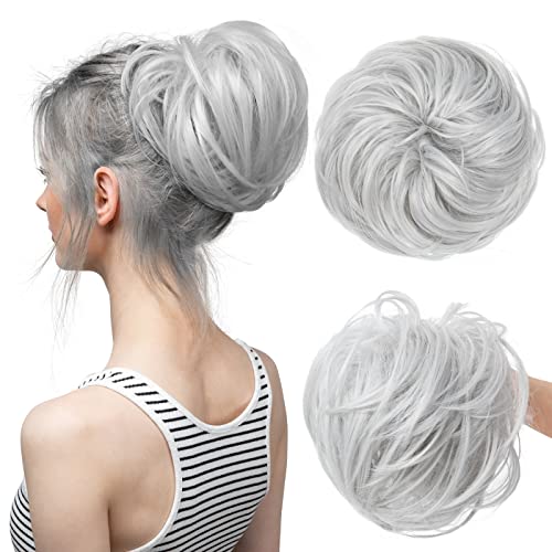 Haarknoten Synthetische Knoten mit Elastischem Gummiband Chaotisch Knoten Perücke Knoten Lockige Knoten Donut Haar Bands Frauen Knoten Brötchen(Light Silver Grey) von GFHTRELY
