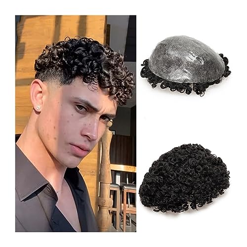 Kahlheit Abdeckung Für Männer Perücke Afro Toupetje für Männer 0,12-0,14mm Dicke Volle PU Haut mit Jakobsmuschel Front Männer Toupet 15mm Curl Injektion Basis Haarteile Glatze Abdeckung Perücke Vorne von GFHTRELY