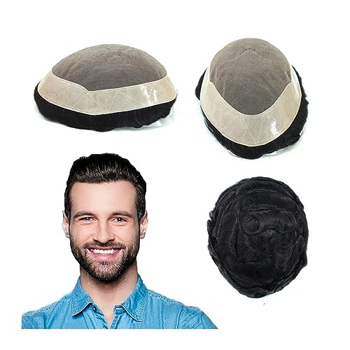Kahlheit Abdeckung Für Männer Perücke Dauerhafte feine mono haarteile männliche haarprothese 6 "Remy Menschenhaar herren toupet # 1B schwarz haarersatzsysteme 130% denstiy herren toupet kale abdeckend von GFHTRELY
