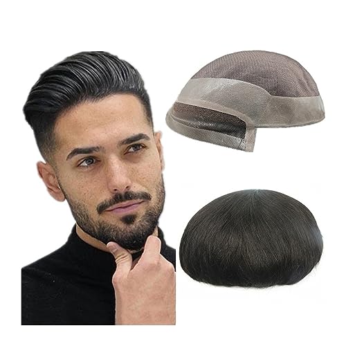 Kahlheitsabdeckung Für Männer Perücke Haar Ersatzsystem für Herren Fein Mono mit Poly PU-Basis Toupet for Herren Stücke Echthaar #1B Off Schwarz 10x8 Zoll Toupet for Herren Glatze Abdeckung Perücke Vo von GFHTRELY