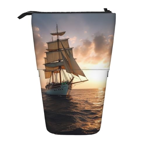 GFLFMXZW Federmäppchen, Motiv: Segelschiff bei Sonnenuntergang, Stehendes Federmäppchen, Teleskop-Federhalter, Pop-Up-Bleistifttasche, tragbare Make-up-Tasche mit Reißverschluss, Weiß, Schwarz , von GFLFMXZW