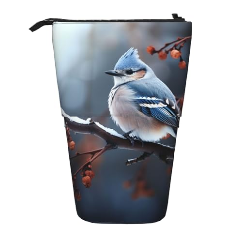 GFLFMXZW Federmäppchen, Motiv: Vogel auf Ast im Winter, bedruckt, Stehendes Federmäppchen, Teleskop-Federhalter, Pop-Up-Bleistifttasche, tragbare Make-up-Tasche mit Reißverschluss von GFLFMXZW