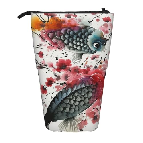 GFLFMXZW Federmäppchen mit Aquarell-Blumen- und Fischtintendruck, Stand-Federmäppchen, Teleskop-Federhalter, Pop-Up-Bleistifttasche, tragbare Make-up-Tasche mit Reißverschluss, Schwarz , Einheitsgröße von GFLFMXZW