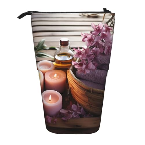 GFLFMXZW Federmäppchen mit Aromatherapie-Spa-Aufdruck, Stehendes Federmäppchen, Teleskop-Federhalter, Pop-Up-Bleistifttasche, tragbare Make-up-Tasche mit Reißverschluss, Schwarz , Einheitsgröße von GFLFMXZW