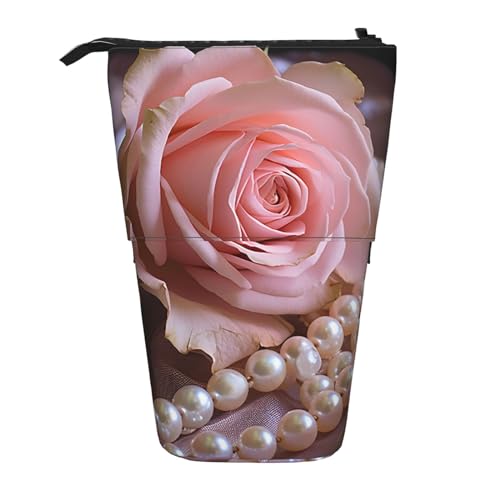 GFLFMXZW Federmäppchen mit Rosen- und Perlendruck, Teleskop-Federmäppchen, Pop-Up-Bleistifttasche, tragbare Make-up-Tasche mit Reißverschluss, Schwarz , Einheitsgröße von GFLFMXZW