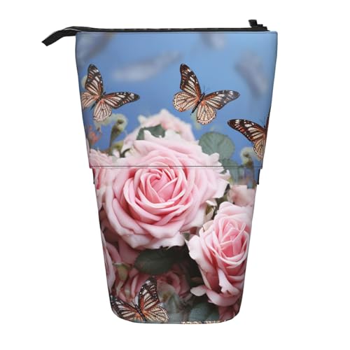 GFLFMXZW Federmäppchen mit Rosen- und Schmetterlings-Aufdruck, Teleskop-Federmäppchen, Pop-Up-Bleistifttasche, tragbare Make-up-Tasche mit Reißverschluss, Schwarz , Einheitsgröße von GFLFMXZW