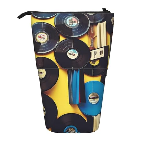 GFLFMXZW Federmäppchen mit Vinyl-Schallplatten und Bändern, Stehendes Federmäppchen, Teleskop-Federhalter, Pop-Up-Bleistifttasche, tragbare Make-up-Tasche mit Reißverschluss, Schwarz , Einheitsgröße von GFLFMXZW