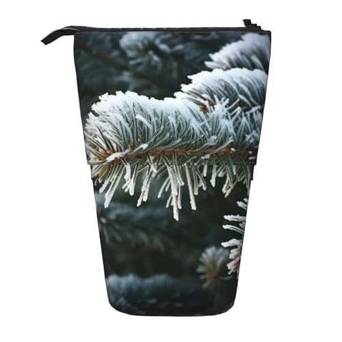GFLFMXZW Federmäppchen mit Winterfrost auf Fichtenbaum-Druck, Stehendes Federmäppchen, Teleskop-Federhalter, Pop-Up-Bleistifttasche, tragbare Make-up-Tasche mit Reißverschluss, Schwarz , Einheitsgröße von GFLFMXZW
