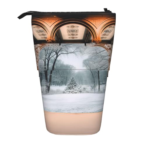 GFLFMXZW Federmäppchen mit Winterhintergrund, Steh-Federmäppchen, Teleskop-Federhalter, Pop-Up-Bleistifttasche, tragbare Make-up-Tasche mit Reißverschluss, Schwarz , Einheitsgröße von GFLFMXZW