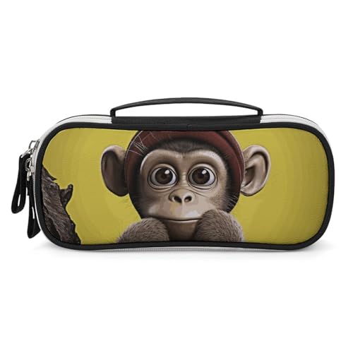 GFLFMXZW Federmäppchen mit breiter Öffnung, großes Fassungsvermögen, Federmäppchen, neugieriger Affe, tragbare ästhetische Stifttasche, Reißverschluss, Kosmetiktasche mit Griff, für Büro-Organizer, von GFLFMXZW