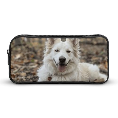 GFLFMXZW Federmäppchen mit breiter Öffnung, großes Fassungsvermögen, Federmäppchen mit weißem Hund, ästhetische Stifttasche, Reißverschluss, Kosmetiktasche, tragbare Münztasche für Büro-Organizer, von GFLFMXZW