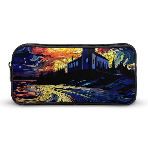 GFLFMXZW Federmäppchen mit breiter Öffnung, großes Fassungsvermögen, Nachtkirche, Federmäppchen, ästhetische Stifttasche, Reißverschluss, Kosmetiktasche, tragbare Münztasche für Büro-Organizer, Stil:, von GFLFMXZW