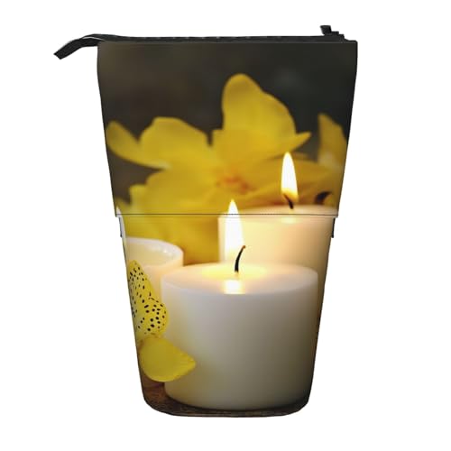 GFLFMXZW Federmäppchen mit gelbem Schmetterling mit weißen Kerzen, Stehendes Federmäppchen, Teleskop-Federhalter, Pop-Up-Bleistifttasche, tragbare Make-up-Tasche mit Reißverschluss, Schwarz , von GFLFMXZW