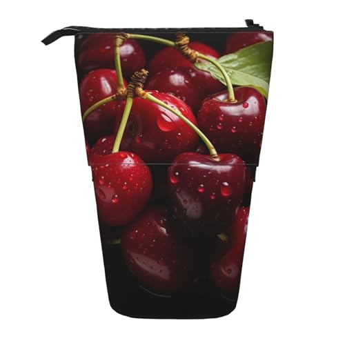 GFLFMXZW Federmäppchen mit rotem Kirsch-Aufdruck, Stand-Federmäppchen, Teleskop-Federhalter, Pop-Up-Bleistifttasche, tragbare Make-up-Tasche mit Reißverschluss, Schwarz , Einheitsgröße von GFLFMXZW