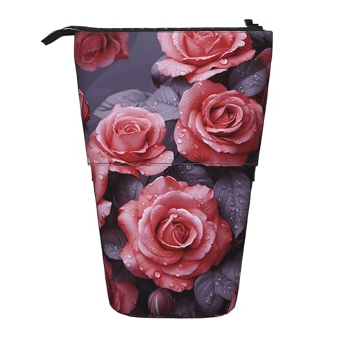 GFLFMXZW Federmäppchen mit rotem Rosen-Blumendruck, Steh-Federmäppchen, Teleskop-Federhalter, Pop-Up-Bleistifttasche, tragbare Make-up-Tasche mit Reißverschluss, Schwarz , Einheitsgröße von GFLFMXZW