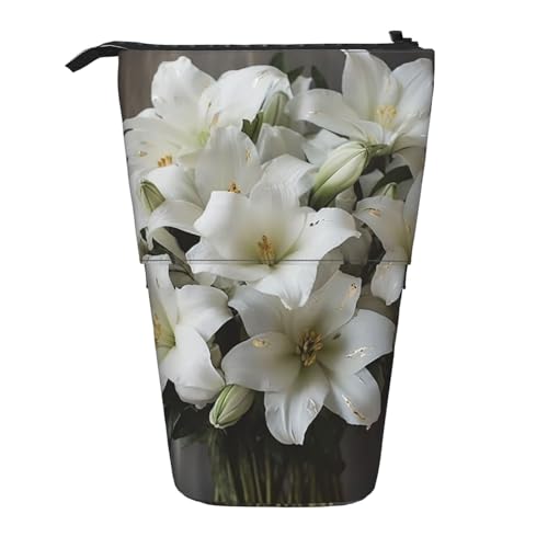 GFLFMXZW Federmäppchen mit weißem Lilienstrauß-Aufdruck, Stand-Federmäppchen, Teleskop-Federhalter, Pop-Up-Bleistifttasche, tragbare Make-up-Tasche mit Reißverschluss, Schwarz , Einheitsgröße von GFLFMXZW
