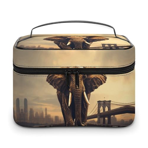 GFLFMXZW Make-up-Tasche, Reise-Kosmetiktasche für Damen, Elefant auf einer Brücke, Make-up-Tasche für Geldbörse, großer Make-up-Organizer, Empfangstasche, Elefant auf einer Brücke, 25 x 18 x 15 cm, von GFLFMXZW