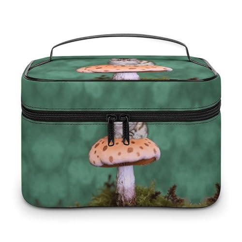 GFLFMXZW Make-up-Tasche, Reise-Kosmetiktasche für Damen, Katze auf Pilz, Make-up-Tasche für Geldbörse, großer Make-up-Organizer, Empfangstasche, Katze auf Pilz, 25 x 18 x 15 cm, Kosmetiktasche, Katze von GFLFMXZW