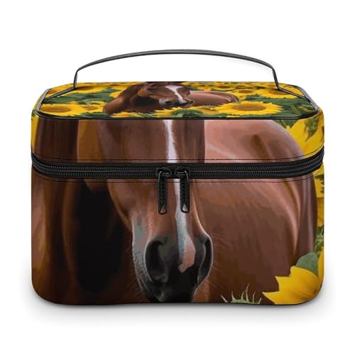 GFLFMXZW Make-up-Tasche, Reise-Kosmetiktasche für Damen, Pferd und Sonnenblume, Make-up-Tasche für Geldbörse, großer Make-up-Organizer, Empfangstasche, Pferd und Sonnenblume, 25 x 18 x 15 cm, von GFLFMXZW